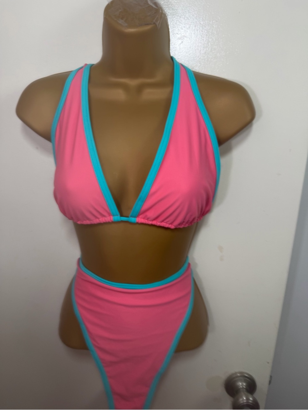 Soso Swim Pink & Turquoise Eco-Friendly HiWaisted Bottom & Top Bikini Set XL?